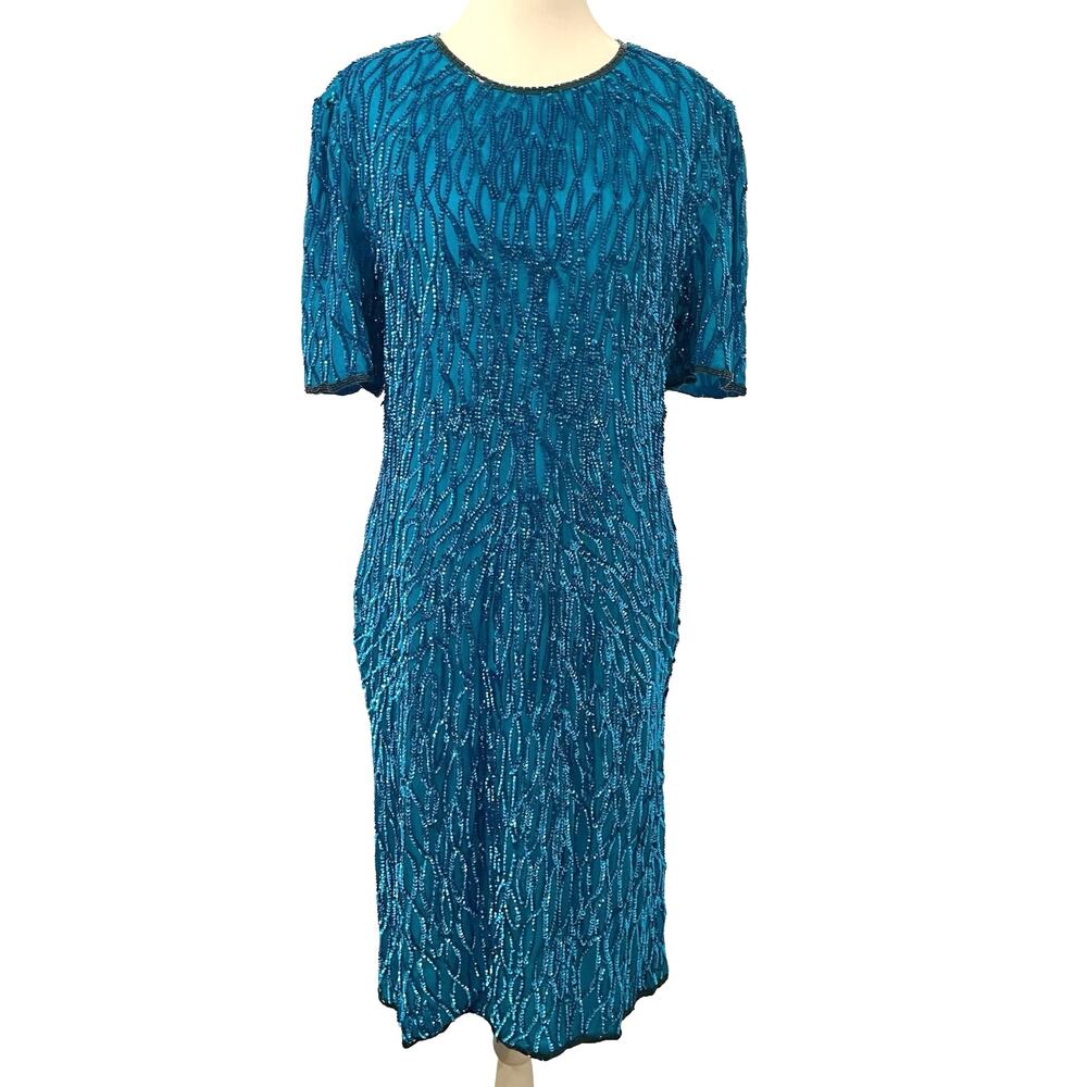 Vintage Laurence Kazar Sequin Sheath Dress L Silk‎ Blue Beaded Party Costume 80s